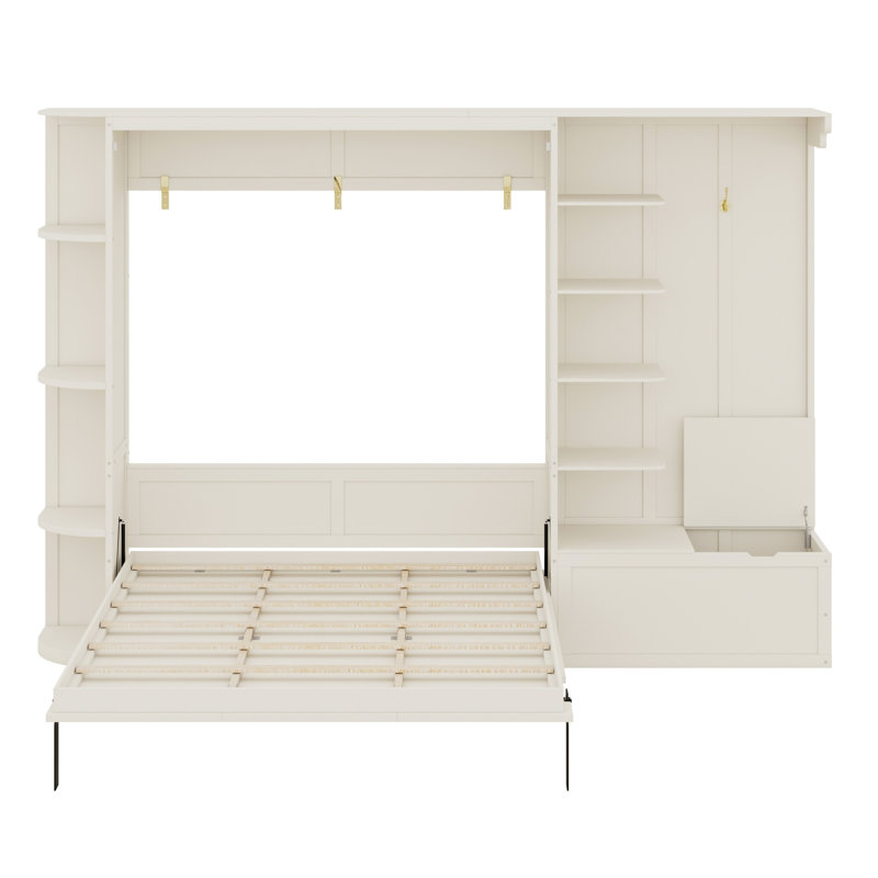 Lit escamotable avec tablettes intégrées et lumières, Blanc