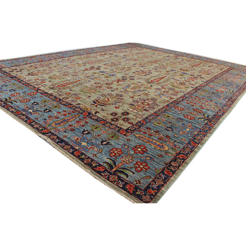 Tapis unique en laine noué à la main de 9 pi 1 po x 11 pi 11 po bleu / rouge