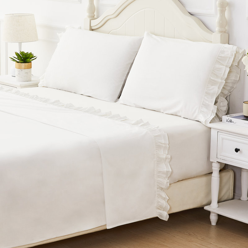 Double Ruffle Cotton Percale Sheet Set, Twin Sheet Shet with 1 Standard Pillowcase