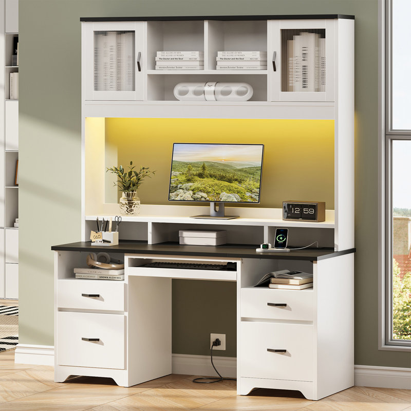  59 Inch Executive Computer Desk with Hutch, Built-in Power Strip, Monitor Riser & RGB LED Lights, Home Office Workstation, Gaming Desk & Study Writing Table