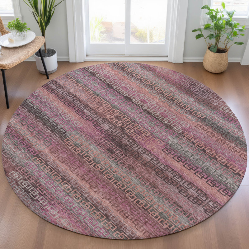 Machine Washable Indoor/Outdoor Xhevrie Pink Rug, Round 8'
