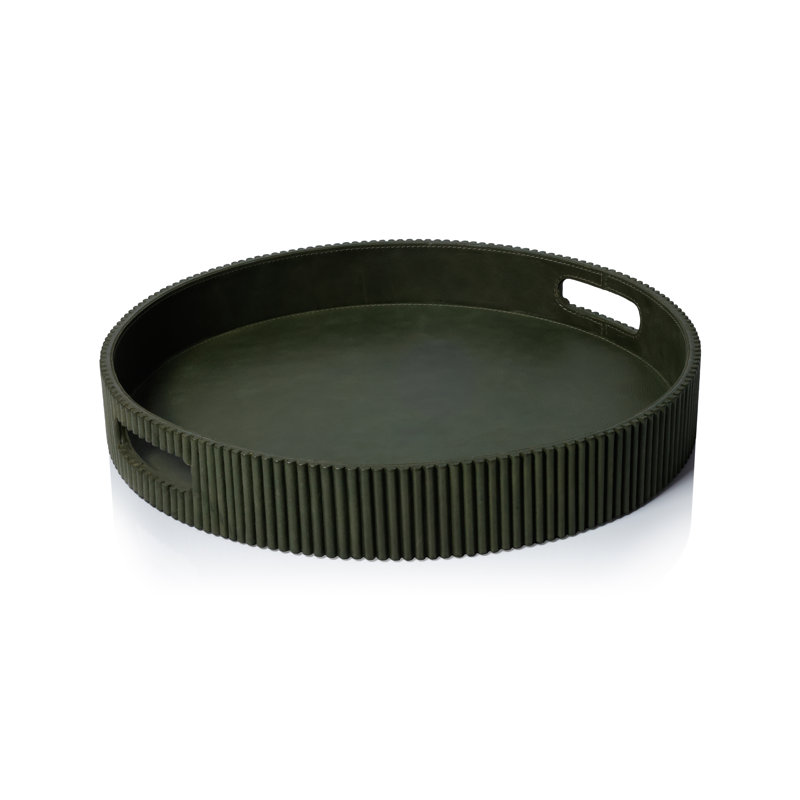 Plateau rond en cuir vert cannelé, L 18 po x P 18 po x H 2,5 po