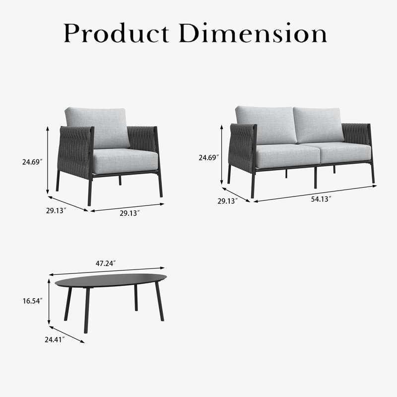 4 Piece Outdoor Furniture Set with Coffee Table, Modern Rope Woven Patio Conversation Sofa Set with Olefin Braid and Deep Seating