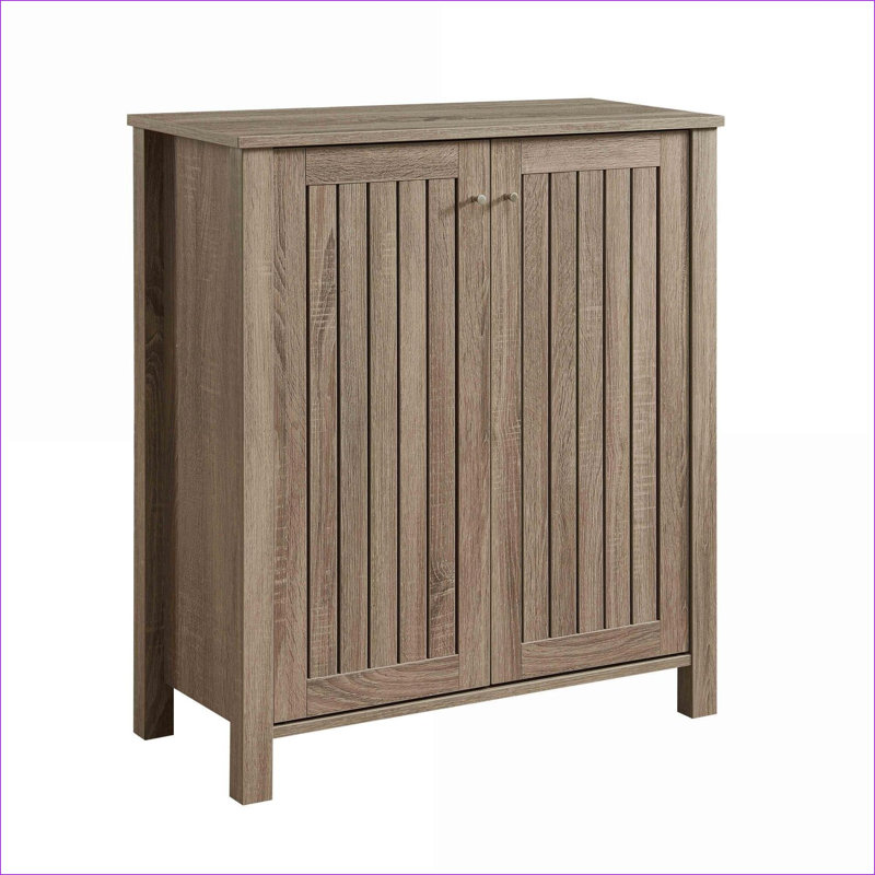 Cabinets | Entryway Shoe Storage Cabinet, 2 Vented Slat Doors, 4 Shelves, Holds 20 Pairs, Metal Knobs, Tan Brown | Traditional | Particle Board+MDF