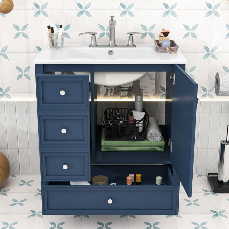 Meuble-lavabo 30 po avec lavabo en céramique, porte et tiroirs, Blue
