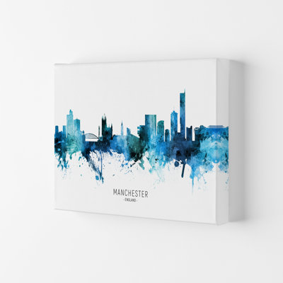 Manchester England Skyline Blue City Name by Michael Tompsett - Print
