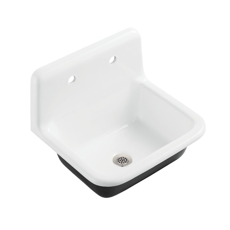 Kingston Brass Petra Galley 22-Inch Cast Iron Single Bowl Wall Mount Utility Sink With Drain, Brushed Nickel/White
