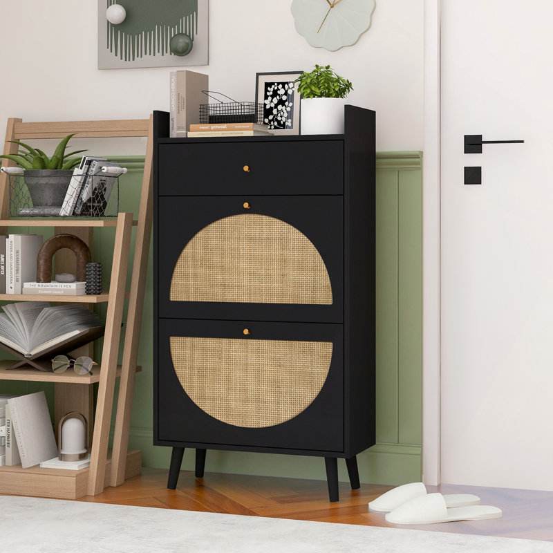 Shoe Storage, Rattan, Allen 2 Door 1 Drawer Cabinet, Shoe Rack, Double Layer, Suitable For Entrance, Black