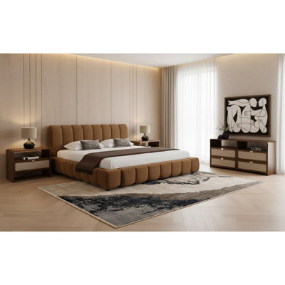 Ensemble de chambre à coucher 4 pièces en tissu brun moderne + toile de jute et noyer Commings