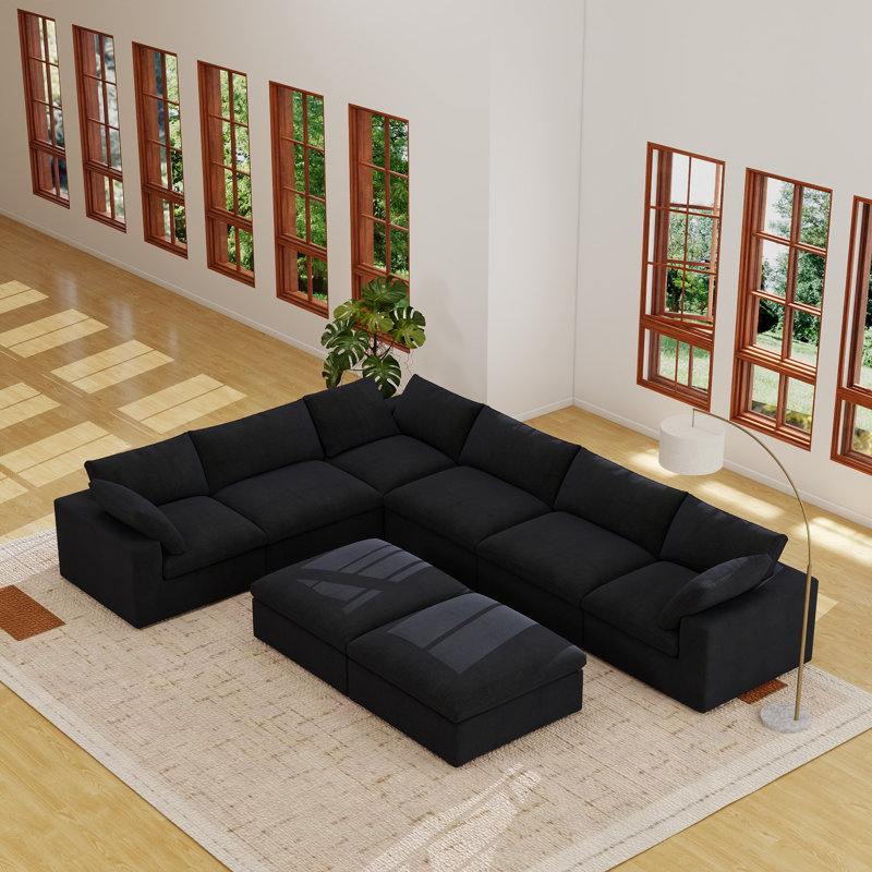 Canapé modulaire rembourré en lin 8 pièces Kenda, Mélange de lin gris anthracite foncé