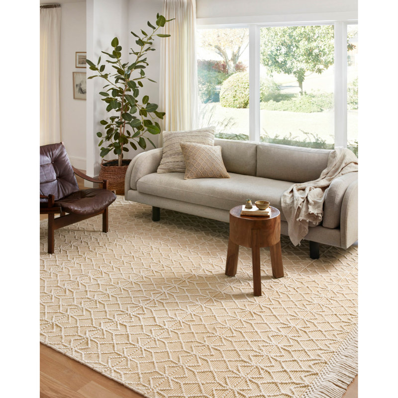 Tapis géométrique beige en coton fabriqué à la main Gault, Carré 1 pi 6 po