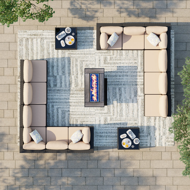 12-Person Outdoor Patio Seating Group with Fire Pit Table, Khaki, Black