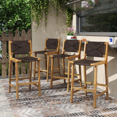Fielder 28'' Seat Height Coastal Farmhouse Outdoor Armless Bar Stool With PE Wicker Seat And Acacia Wood Frame