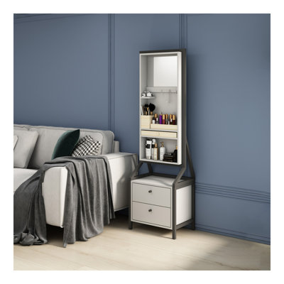 Armoire à bijoux pivotante à 360 ° avec miroir de maquillage avec 2 tiroirs inférieurs, pivotant librement, espace de rangement spacieux, fini blanc peint à la main
