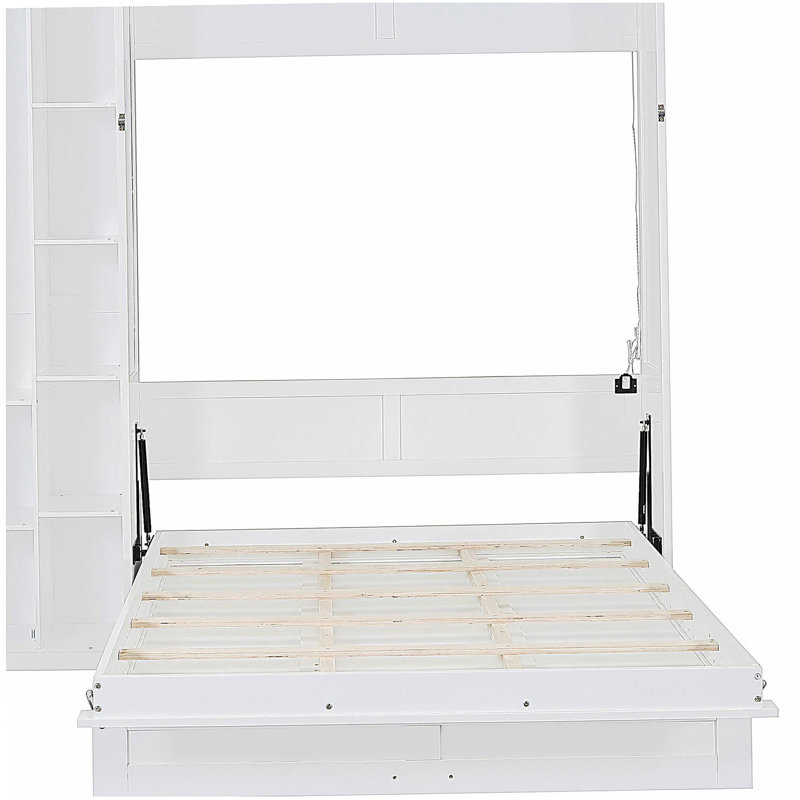 Lit escamotable double pleine grandeur avec tablettes, garde-robe et lumières DEL, blanc, Blanc