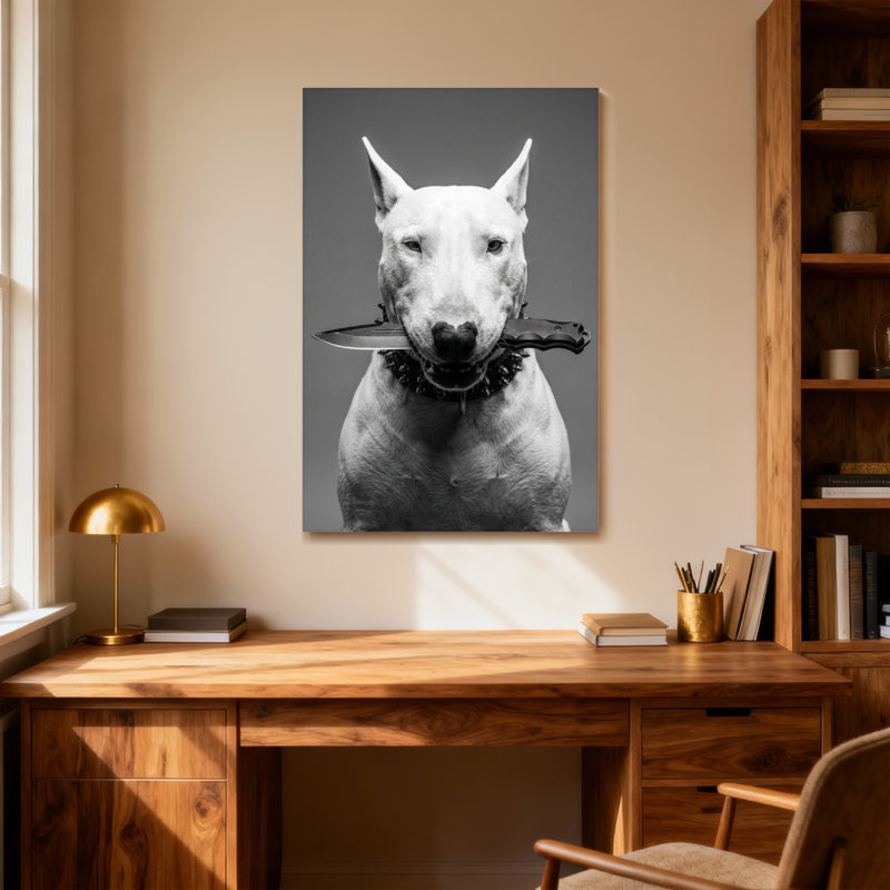 Animals Dog Holding Knife In Mouth Black And White, 24" H x 16" W