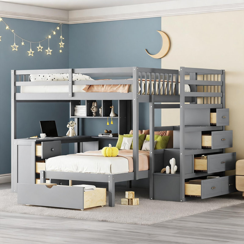 Structure de lit superposé double en bois massif avec bureau intégré, tiroirs et tablettes, gris doux