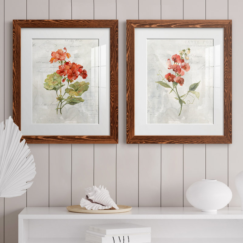 Lin géranium - ensemble de 2 reproductions d'art, H 24 po x l 36 po x P 1,5 po, Papier avec cadre érable, Blanc