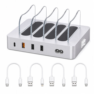 Station de recharge USB à 4 ports, 20 W PD, 4 câbles, argent
