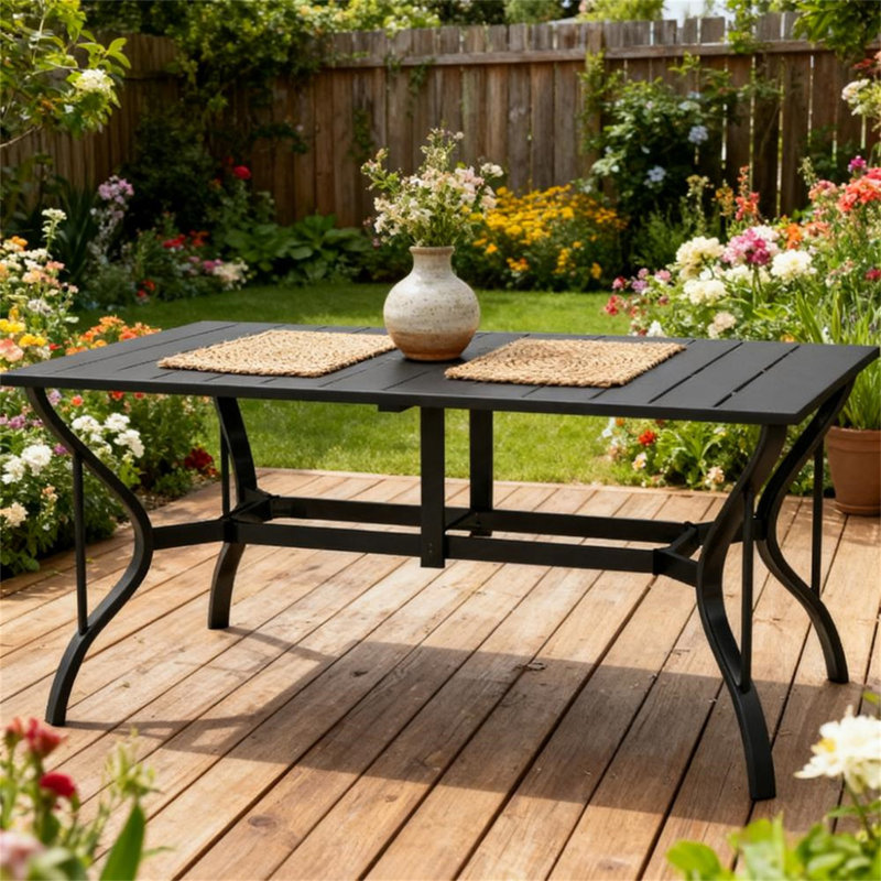 Steel Rectangle Outdoor Dining Table,Rectangular Patio Table With Umbrella Hole