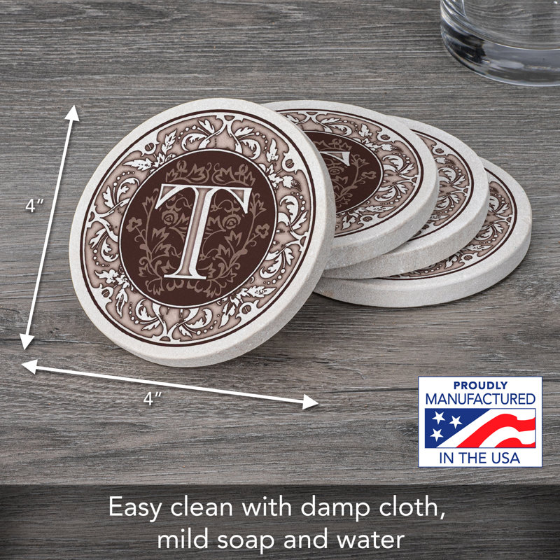 Ophelia & Co. 4 Pack Monogram Sandstone Coasters in Bronze Iron Ram Coaster Holder, T