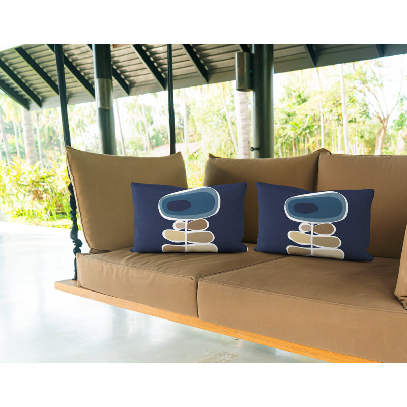 Polyester Lumbar Rectangular Indoor/Outdoor Pillow Cover & Insert, Blue/Navy Blue/Beige