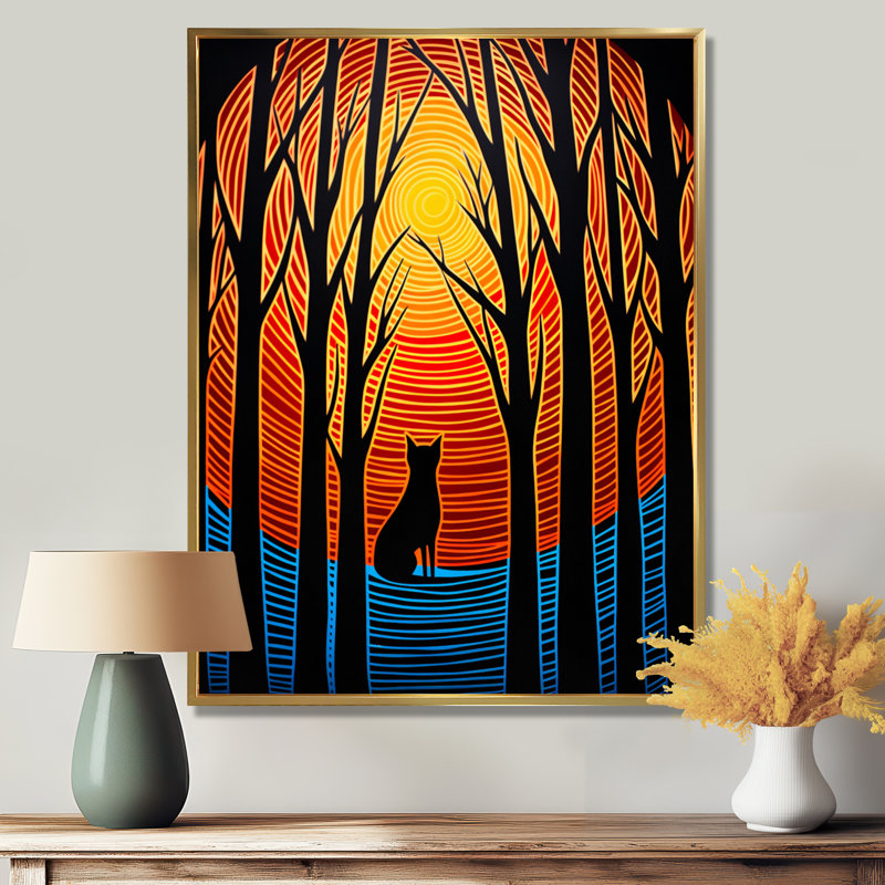 Chat noir sous la pleine lune - reproduction d'art murale chat, H 32 po x l 16 po x P 1 po, Toile avec cadre doré