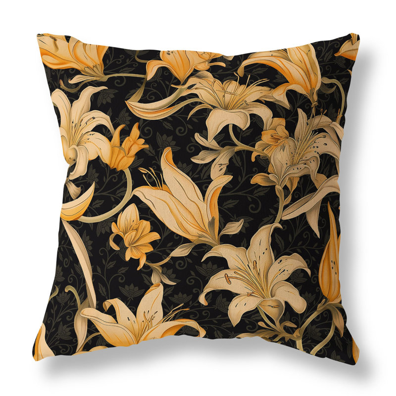Indoor / Outdoor Floral Square Cushion, Black/Orange, 51cm H x 51cm W