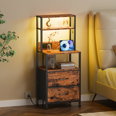 2 LED Charging Nightstands, Tall Bedside Tables with 2 Drawers & 3 Open Shelves Each, 2 Outlets & 2 USB Ports, 3-Color Light Tube