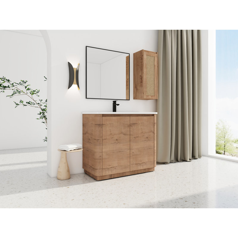 Meuble-lavabo autoportant de 102 cm (40 po) avec lavabo en céramique, 2 portes à fermeture amortie, résistant aux égratignures et à l'eau, poignées inclinées de 114 cm (45 po), étagères réglables, bords arrondis, armoire latérale, charnières en contreplaqué et armoire.