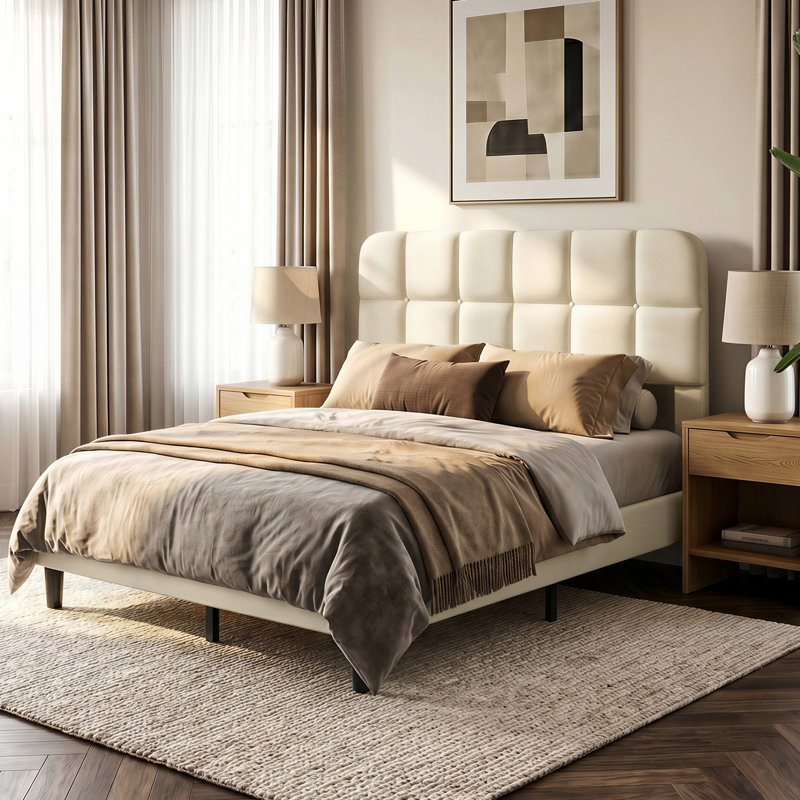 Upholstered Platform Bed Frame with Soft Cloud Headboard, Double (4'6)