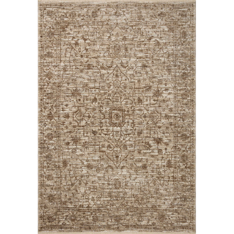 Sorrento Oriental Machine Made Polyester Area Rug in Bark/Natural, Rectangle 5'3" x 7'6"