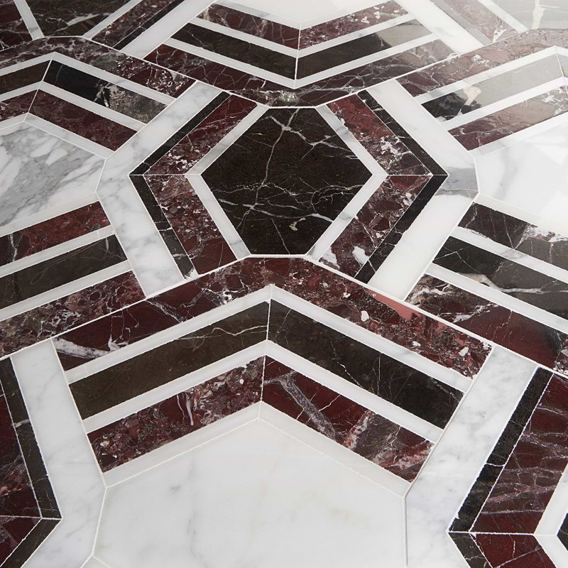 Mezzo 11x18 Polished Calacatta Marble Mosaic Tile, Bordeaux Polished