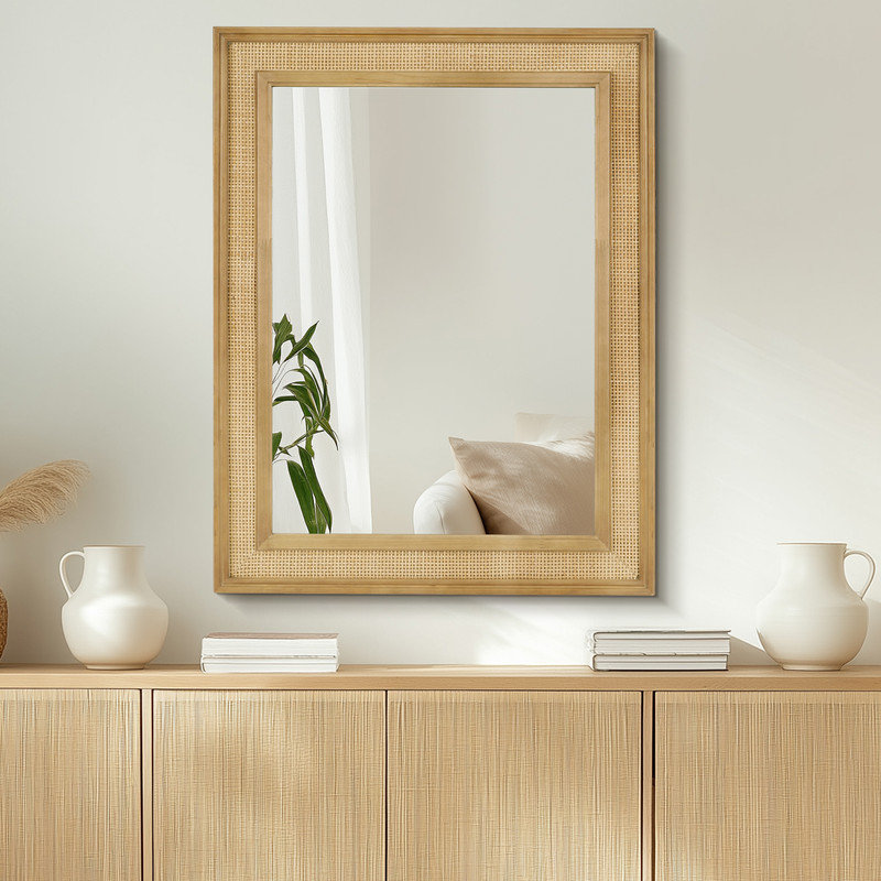 Rectangle Rattan Wood Frame Mirror with Tempered Glass, 34" x 27"