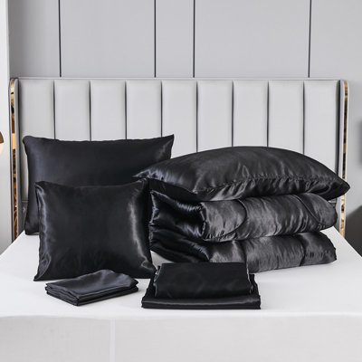 Ensemble d'édredon satiné avec draps pour grand lit 8 pièces Ensemble de literie soyeux noir avec housse de coussin