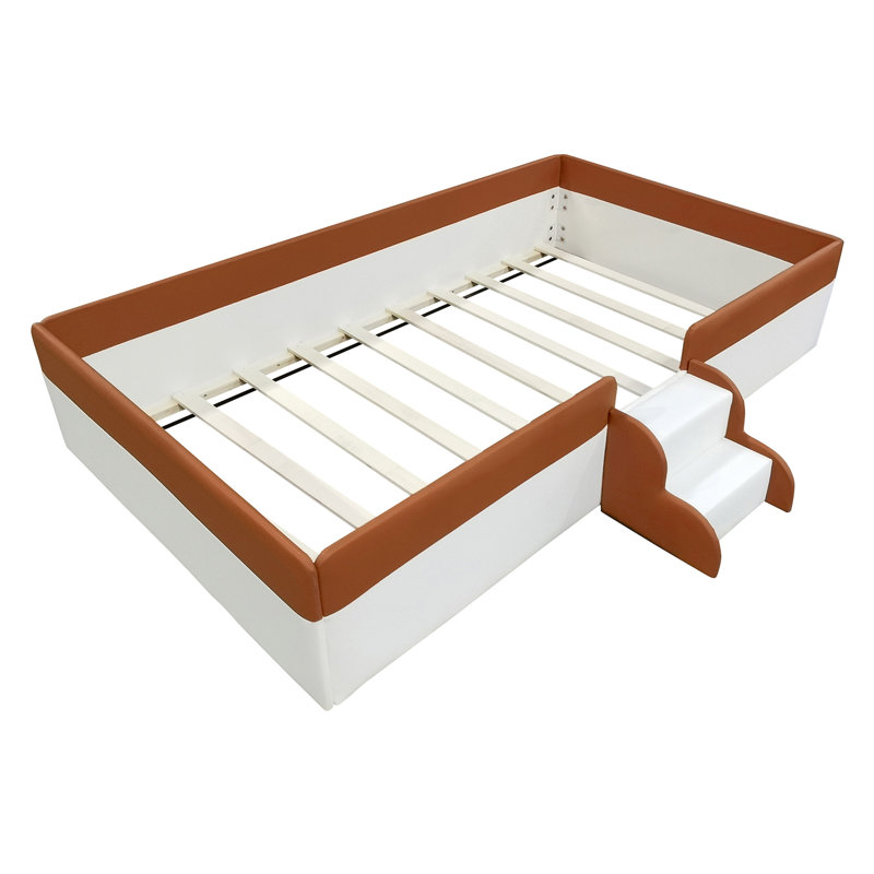 Tamaj Upholstered Daybed Frame with Fence and Stairs, Twin, White/Brown