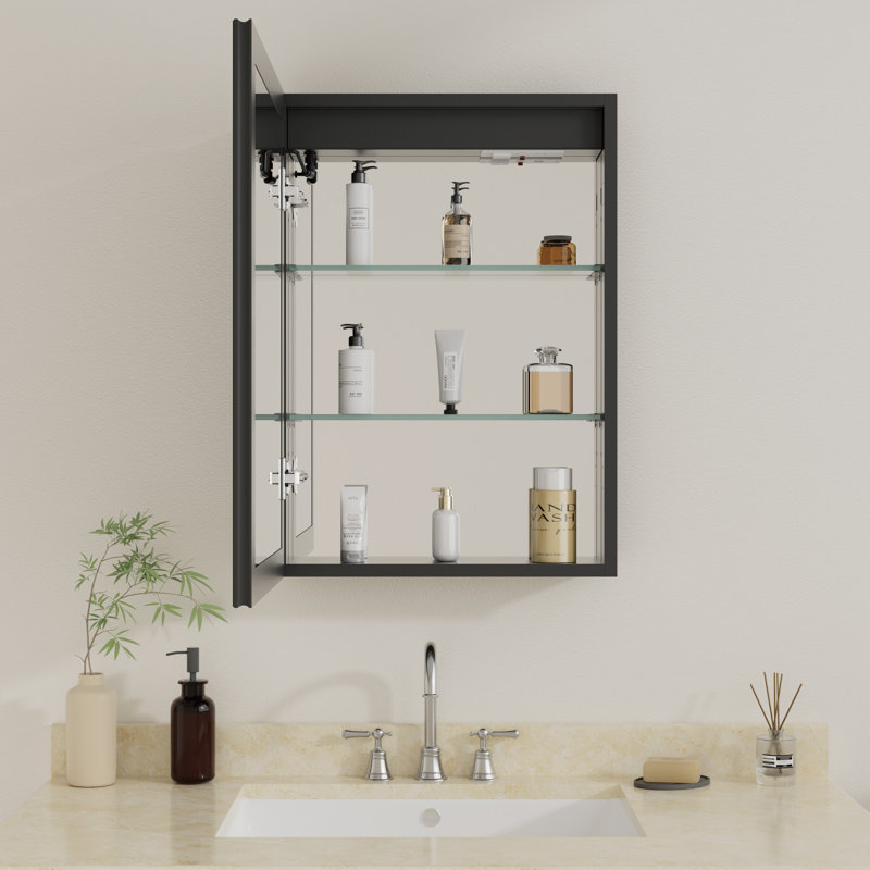 16" W x 24" H Flora Black Aluminum Surface/Recessed Mount Medicine Cabinet with Mirror, Anti‑Fog, 3‑Color Dimmable Lighting and Adjustable Glass Shelves for Makeup, Shaving or Bathroom Vanity Storage