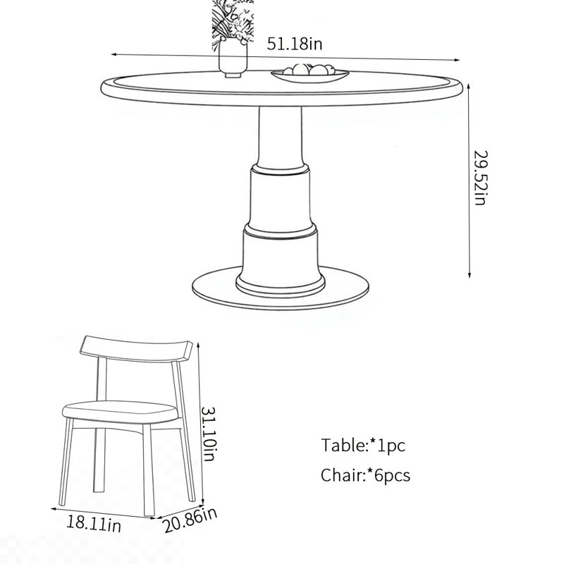 Ensembles de table de salle à manger Modern Creative, H 29,52 po x l 51,18 po x P 51,18 po, 7 pièces : table, 6 chaises