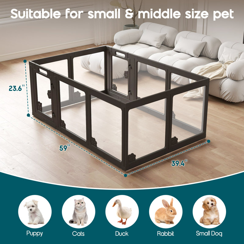 Enclos de jeu modulaire en acrylique transparent pour petit chiot avec 2 portes, clôture transparente pour petits chiens, chats, lapins, facile à assembler et à démonter, noir (H 24 po, 10 pièces)