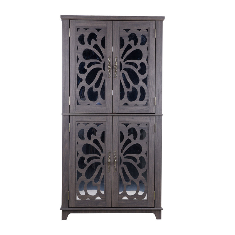 Buffet décoratif 4 portes à miroir avec tablettes réglables, Marron foncé