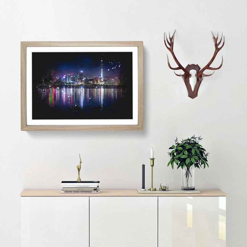 Reflections Of The Auckland Skyline - Picture Frame Graphic Art, 33cm H x 45cm W x 2cm D, Oak Framed
