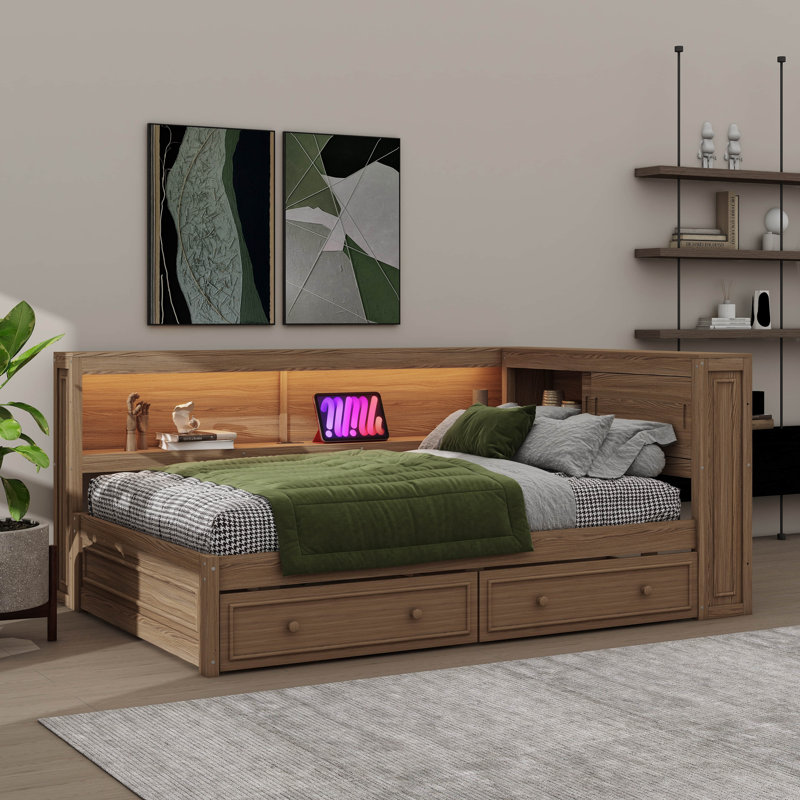 Lit de jour double en bois avec rangement intégré, éclairage USB / DEL et structure de lit à deux tiroirs, Bois antique