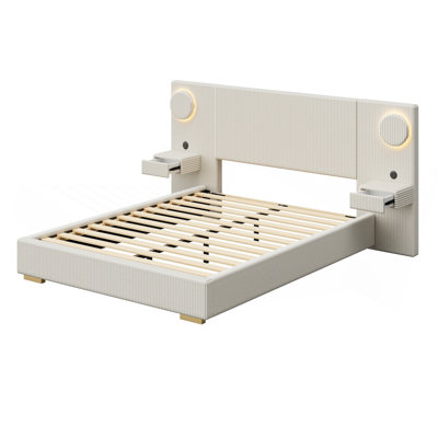Grand lit plateforme tapissier grand avec lumières DEL circulaires, ports de chargement USB et tiroirs de rangement latéraux, beige
