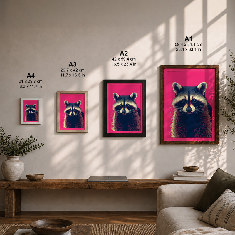 Raccoon Portrait Modern - Framed Print, A4 - 29.7 x 21.0 cm, Black