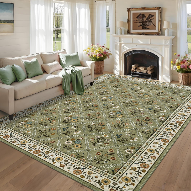 Machine Washable Bordered Rug Non Slip Rug Floral Foldable Rugs for Living Room Bedroom Playroom Nursery Dorm, Green