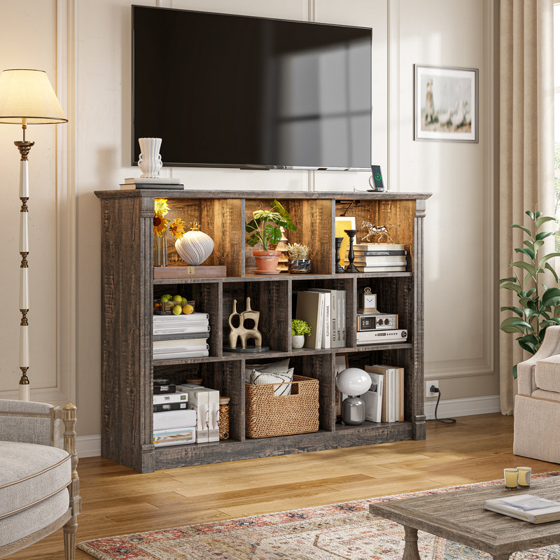 10-cube Storage Cabinet With Built-in Outlets & Led Lights - Tv Stand, Organizer, 39.4"H x 47.2"W x 11.8"D, Black Oak