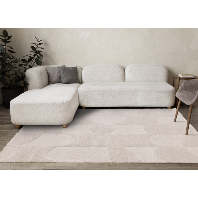 Tapis d'intérieur moderne géométrique blanc ivoire, 6 pi 7 po x 9 pi 6 po