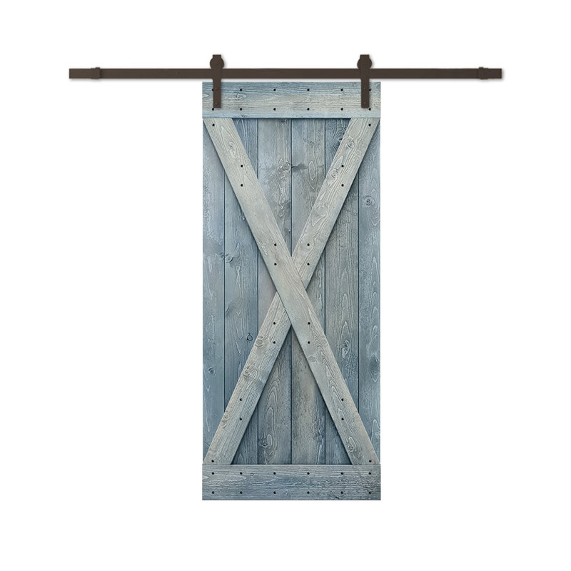 Porte de grange à panneaux et en bois avec quincaillerie d'installation, 44 po x 84 po, Bleu denim, Bronze huilé