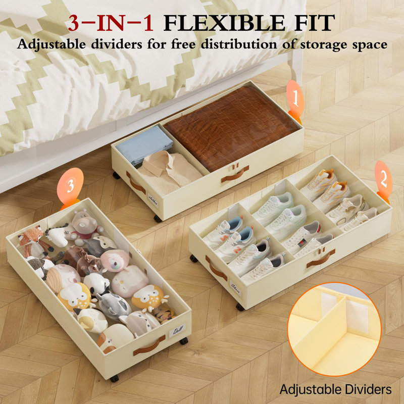 Rangement sous le lit avec roulettes, paquet de 2 contenants de rangement sous le lit avec séparateurs réglables et couvercle transparent, tiroir de rangement sous le lit pour les vêtements, les chaussures et les couvertures (30,3 x 16 x 6,7 po)