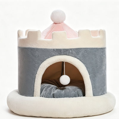 Cute Castle-Shaped Semi-Enclosed Pet Bed, Warm Plush Cat Cave with Hanging Pom-pom Toy, Soft Thick Indoor Pet House, Cozy Winter Nest for Kittens, Small Medium Dogs, Decorative Princess Style Pet Shelter